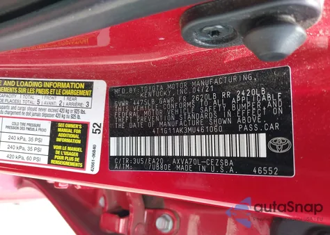 2021 Toyota Camry Se z USA, uszkodzony, nr VIN 4T1G11AK3MU461060